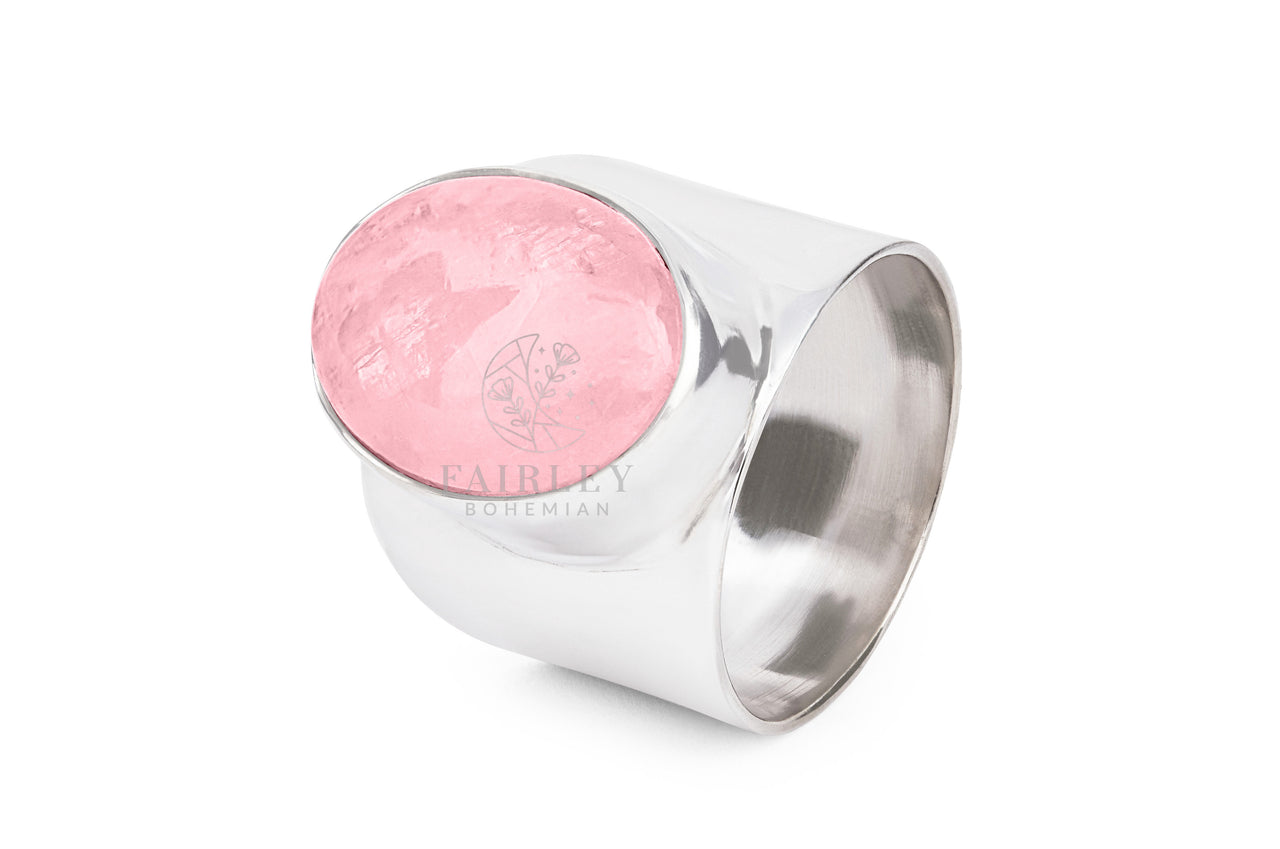 rose quartz october birthstone statement ring solid silver large stone thick band