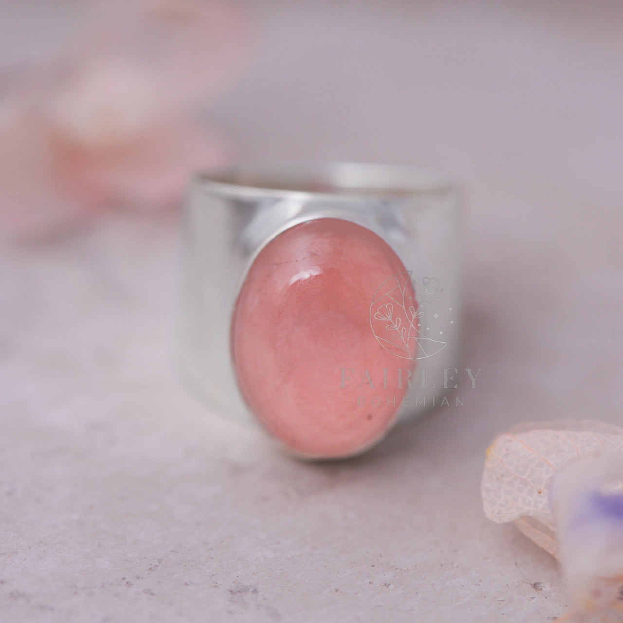 rose quartz october birthstone statement ring solid silver large stone thick band