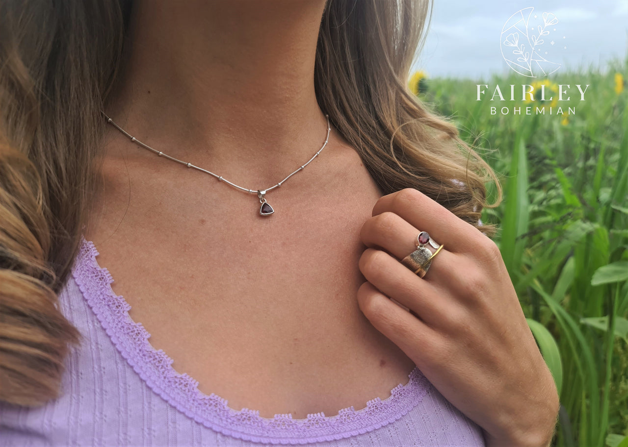 model fields bohemian garnet ring and garnet personalised silver necklace