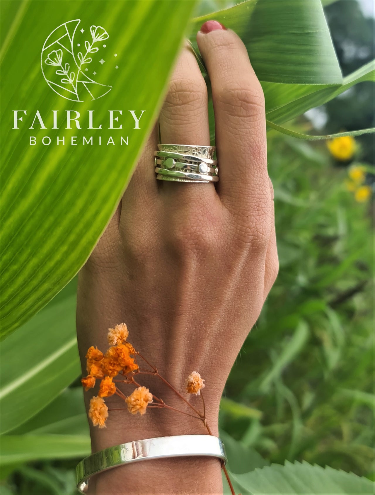 bohemian spinner ring anxiety fidget worry ring in solid sterling silver hand model leaves