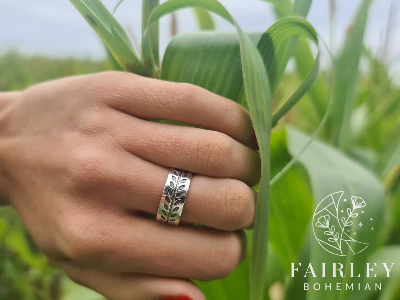 adjustable solid silver unisex ring handmade boho ring leaf autumnal design boho chic style