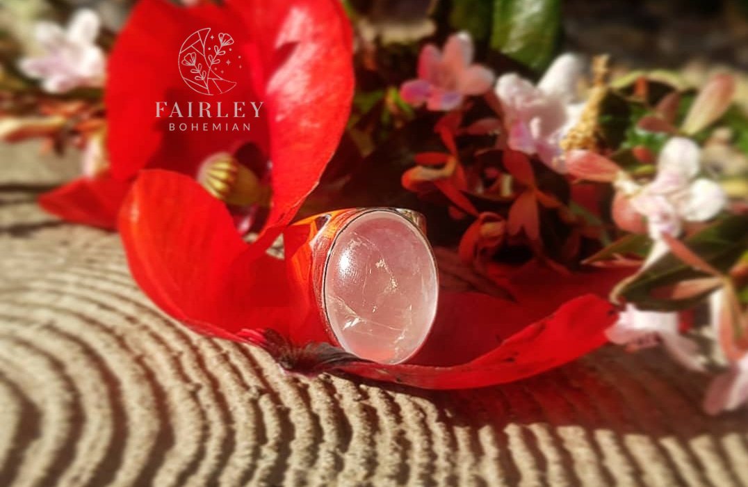 rose quartz october birthstone statement ring solid silver large stone thick band