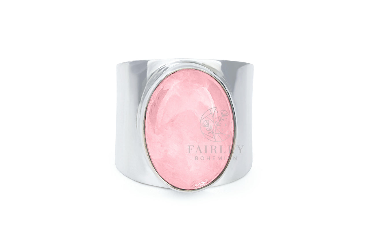 rose quartz october birthstone statement ring solid silver large stone thick band