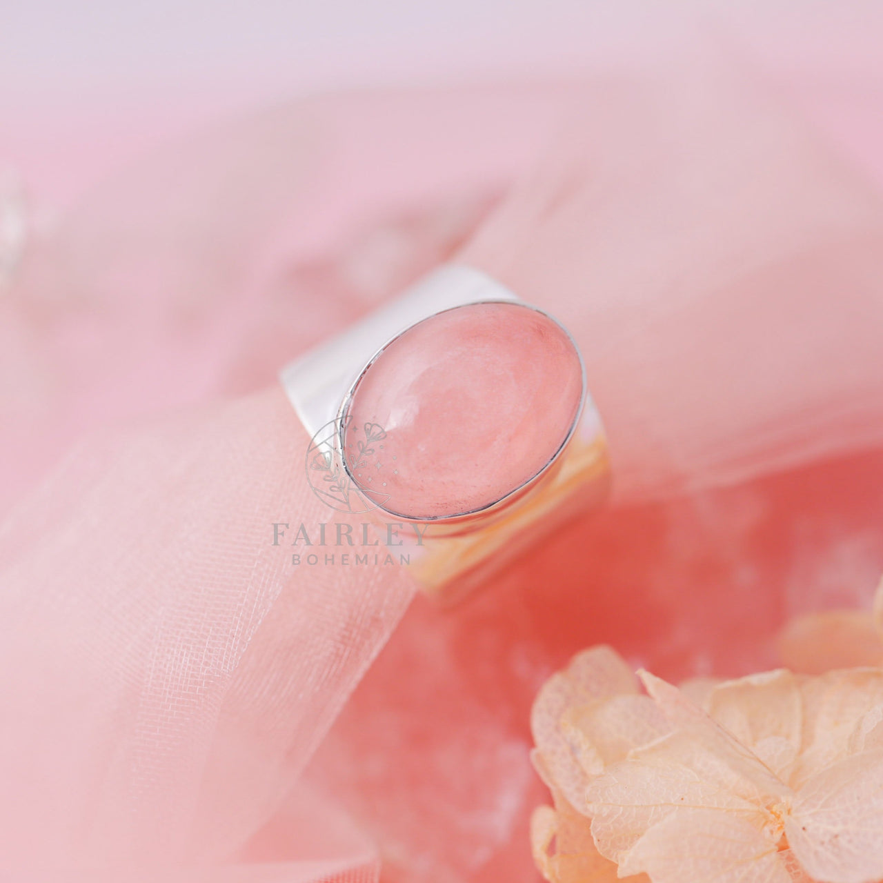 rose quartz october birthstone statement ring solid silver large stone thick band romantic flowers