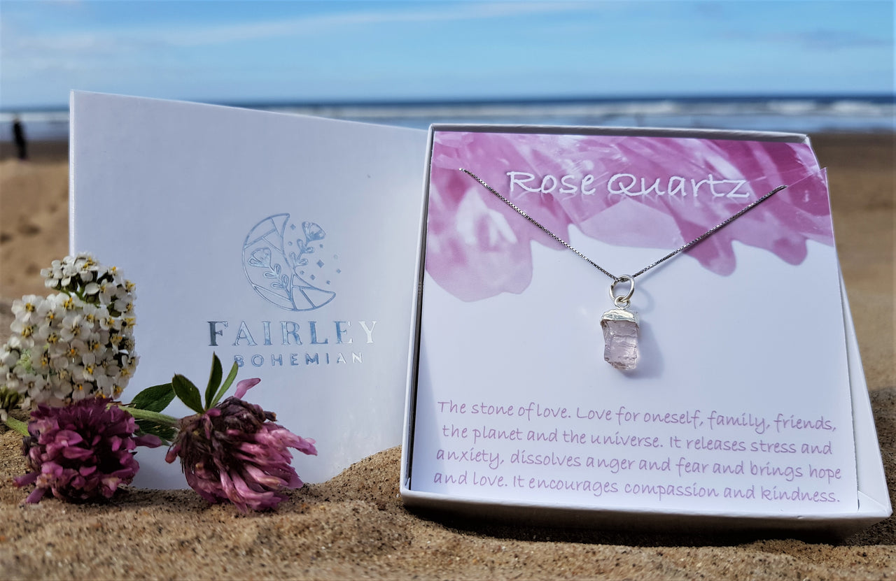 raw gemstone birthstone personalised necklace gift rose quartz october