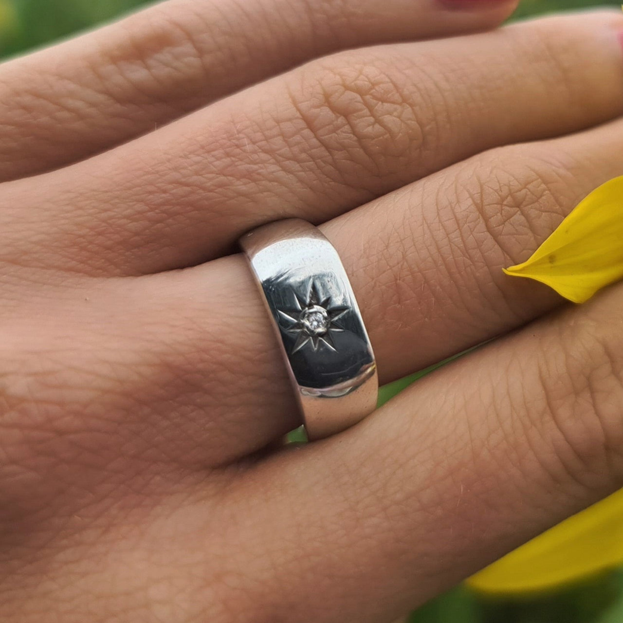 man made lab grown diamond set in sterling silver signet ring
