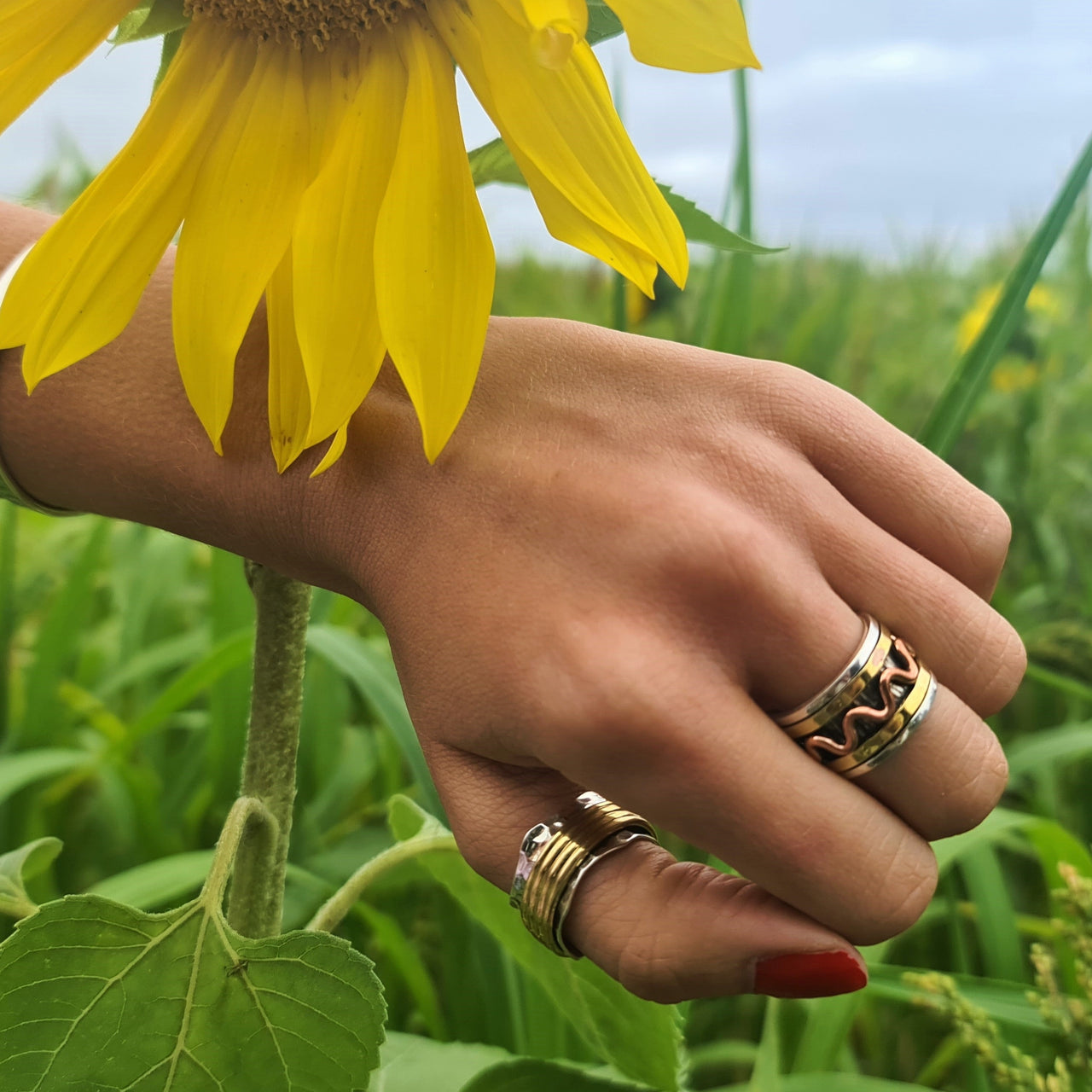 spinner ring with copper and brass spinning rings model sunflower field 2 anxiety rings