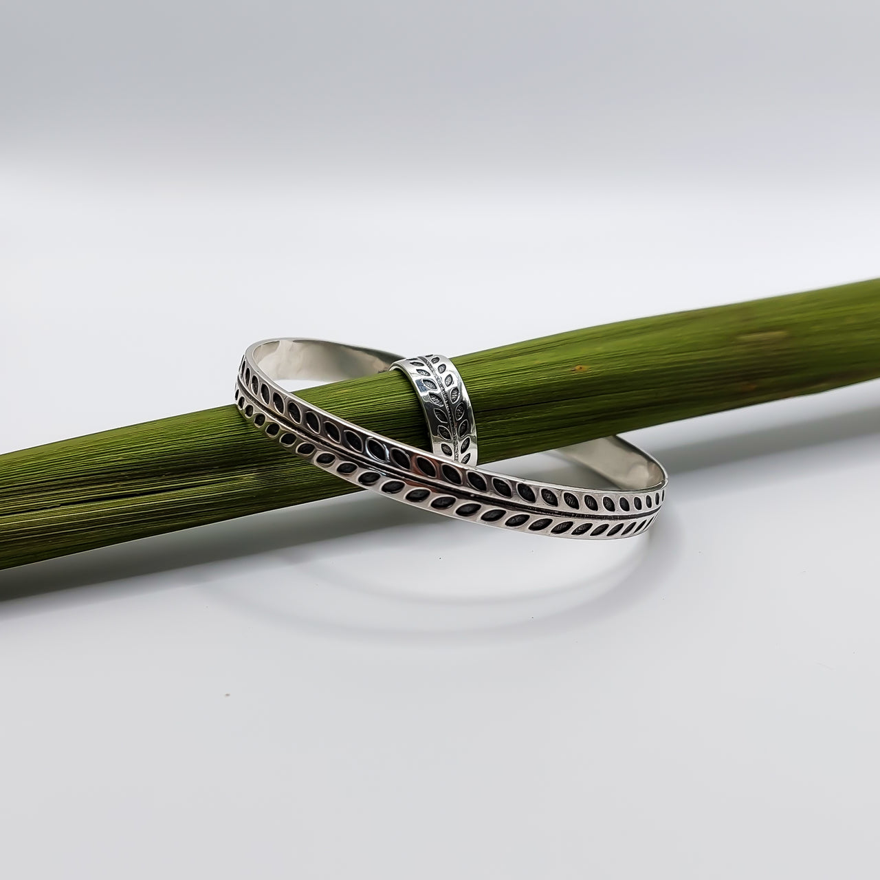 ring and bangle set sterling silver over a leaf