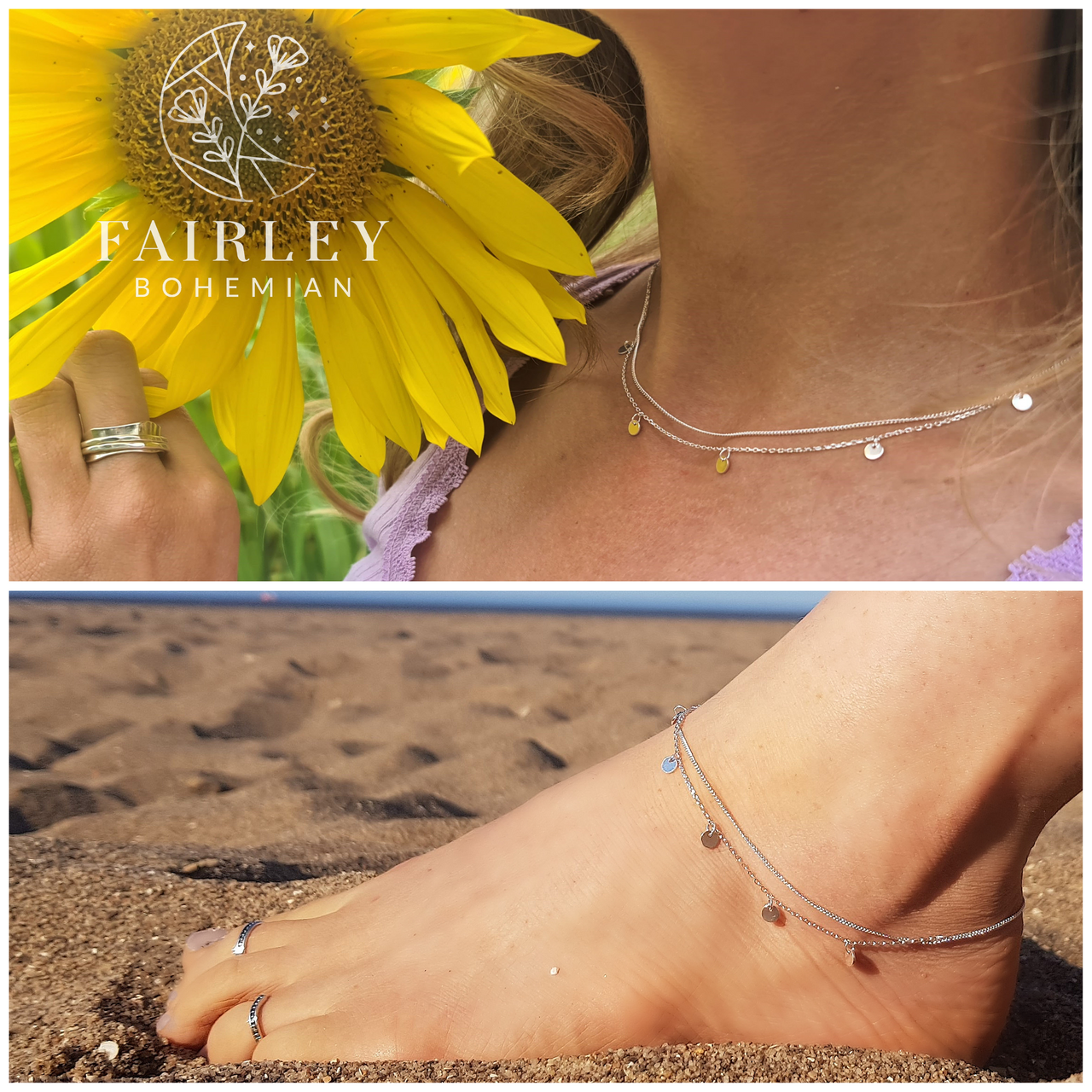 dainty necklace and anklet layering set in sterling silver on neck and foot model in the sun