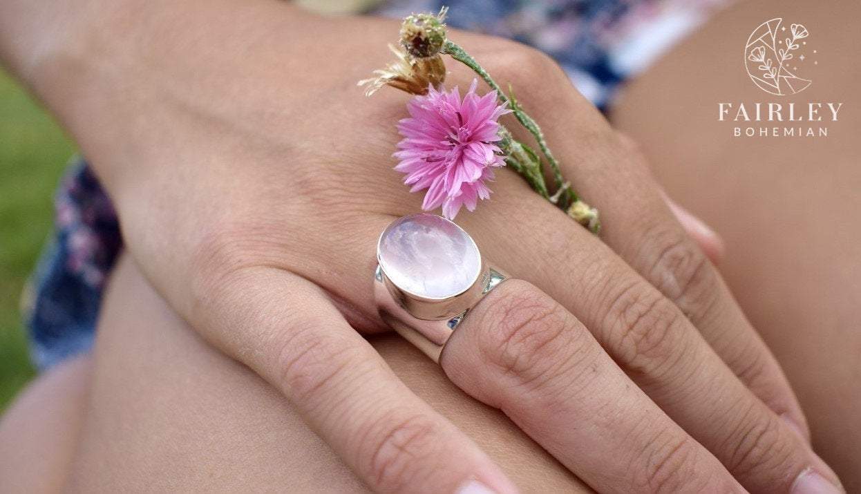 rose quartz october birthstone statement ring solid silver large stone thick band flowers garden model