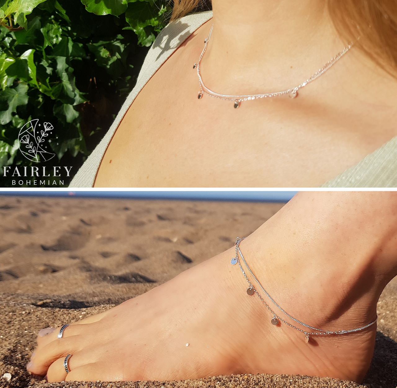 layering necklace sterling silver and matching anklet on model